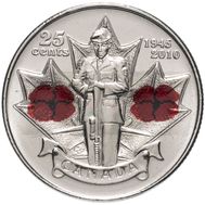  25 центов 2010 «65 лет окончания 2-ой мировой войны (Красные маки)» Канада (цветная), фото 1 