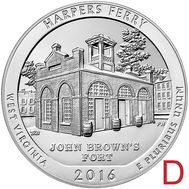  25 центов 2016 «Харперс Ферри» (33-й нац. парк США) D, фото 1 