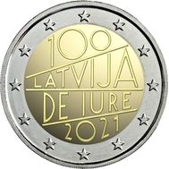  2 евро 2021 «100 лет юридического признания Латвийской Республики» Латвия, фото 1 