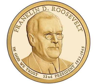  Монета 1 доллар 2014 «32-й президент Франклин Рузвельт» США (случайный монетный двор), фото 1 