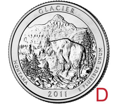  Монета 25 центов 2011 «Национальный парк Глейшер» (7-й нац. парк США) D, фото 1 