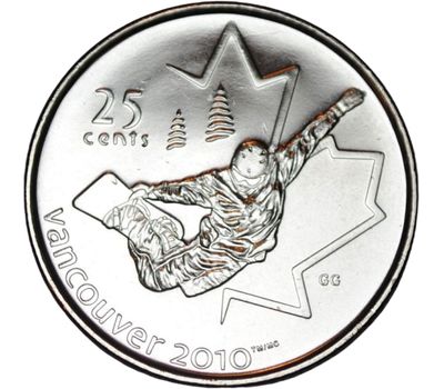  Монета 25 центов 2008 «Сноуборд. XXI Олимпийские игры 2010 в Ванкувере» Канада, фото 1 