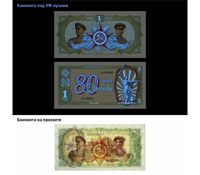  Сувенирная банкнота 1 рубль «80 лет Победы» (зелёная), фото 2 