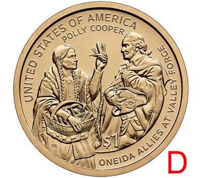  Монета 1 доллар 2026 «Полли Купер и Джордж Вашингтон» США D (Сакагавея), фото 1 